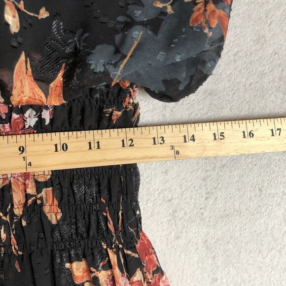 BISHOP + YOUNG Maxi Dress Sz M Floral Chiffon Smocked Waist Cuffs Lined Tie Neck - Picture 12 of 16